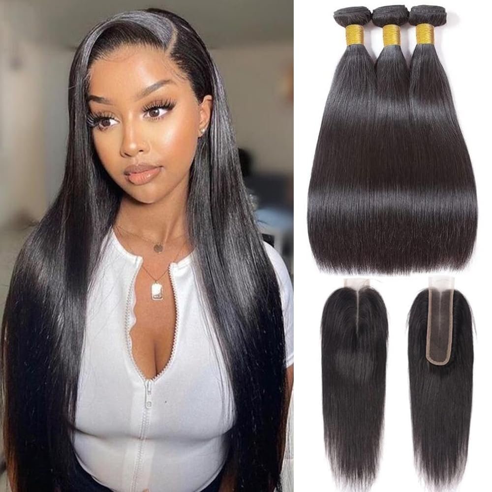 10A Brazilian Straight Human Hair Bundles with 2x6 Closure 24 26 28+20 Inch 100% Unprocessed Straight Virgin Hair Weave Bundles Human Hair with 2x6 HD Lace Closure