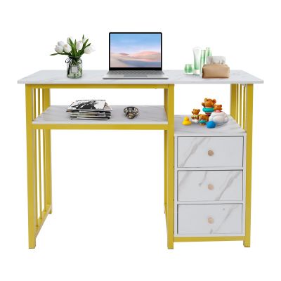 BANEBONE Marbling Texture Manicure Desk with 3 Drawers - Modern Nail Desk for Salon & Home Use, Sturdy Steel Frame & Density Board Construction, Spacious Storage with Gold-White Aesthetic