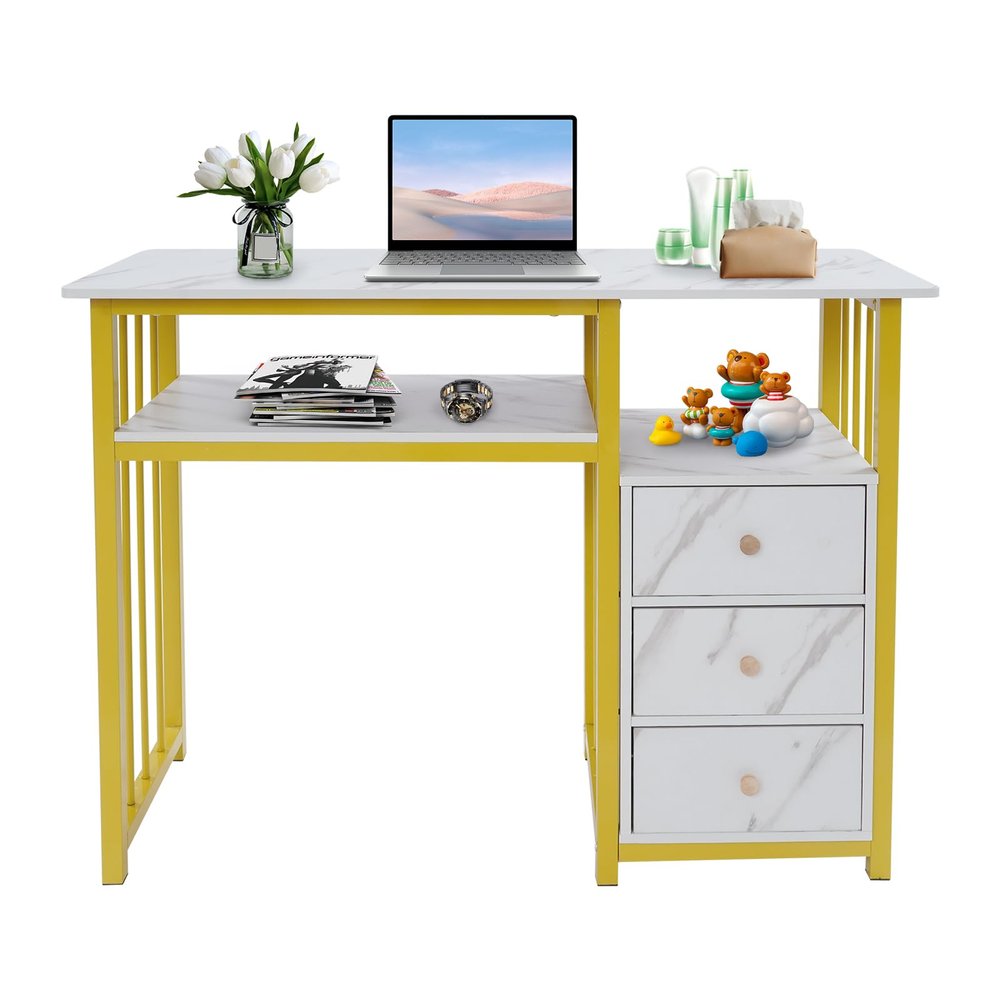 BANEBONE Marbling Texture Manicure Desk with 3 Drawers - Modern Nail Desk for Salon & Home Use, Sturdy Steel Frame & Density Board Construction, Spacious Storage with Gold-White Aesthetic