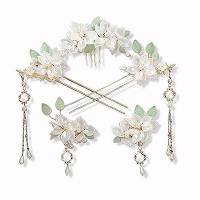 5 Pcs Camellia Flower Tassels Hairpin, Chinese Hanfu Flower Hairpin Crystal Rhinestone Pearl Hair Clips Headpiece, Retro Chinese Hanfu Wedding Brides Hair Accessories for Women Girls