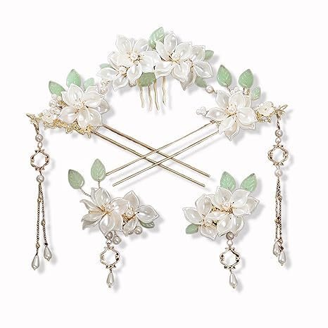 5 Pcs Camellia Flower Tassels Hairpin, Chinese Hanfu Flower Hairpin Crystal Rhinestone Pearl Hair Clips Headpiece, Retro Chinese Hanfu Wedding Brides Hair Accessories for Women Girls