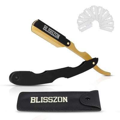 BLISSZON Barber Straight Razor-Premium Quality Satinless Steel Barber Shaving Razors for Men with Leather Pouch &10 Double Edge Blade (Black Gold)