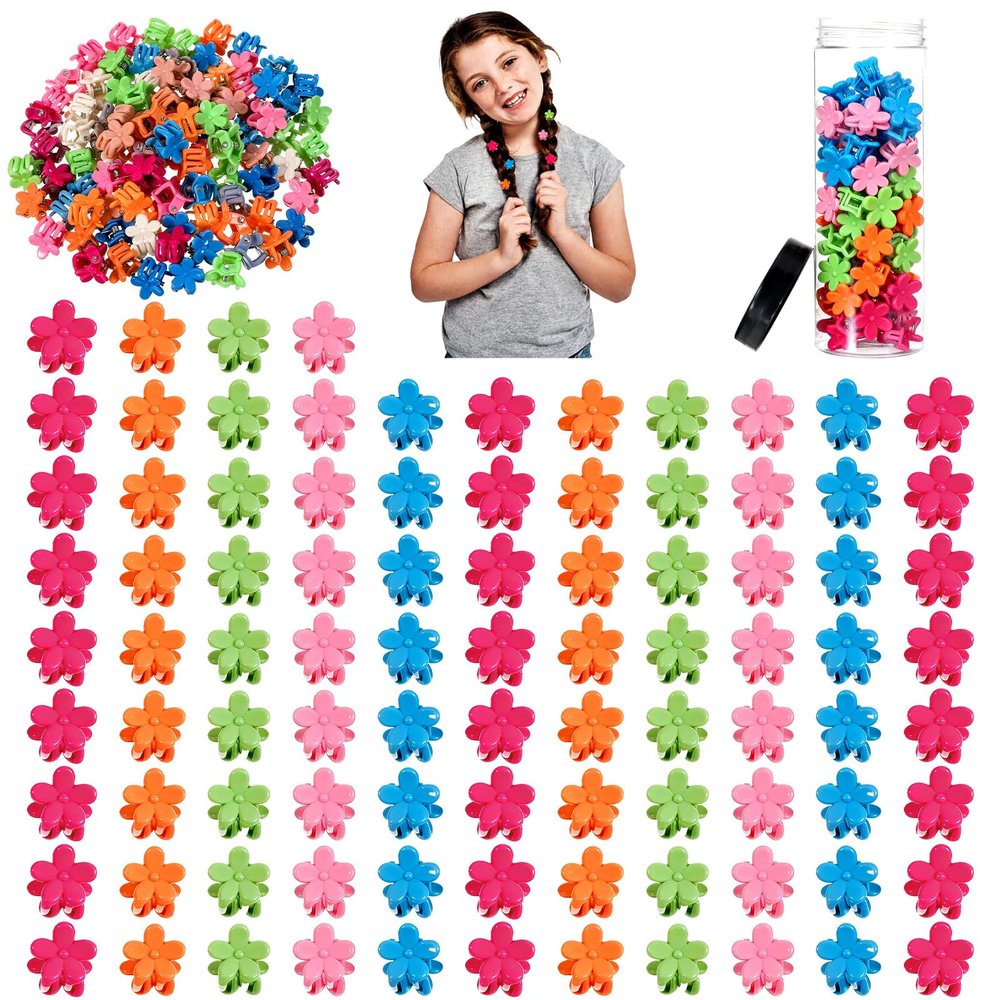 100Pcs Mini Flower Hair Clips, Small Flower Clip for Fine Hairs Women Girls, Colorful Mini Clips for Hair with Transparent Jar(Random Colors)
