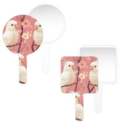 LANYANYQ Multi Purpose Hand Mirror Parrot White Animal Bird with Distortion Free Reflection, 6.7 x 3.95 in, Small Cute Orbicular Hand Mirror Romantic Pink Flowers