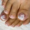 French Tip Press on Toenails White Flower Full Cover Fake Toenails Short Square Summer False Toenails Cute Toe Nails Press ons with Elegant Flowers Design Glossy Toenails for Women Girls 24 Pcs view 1
