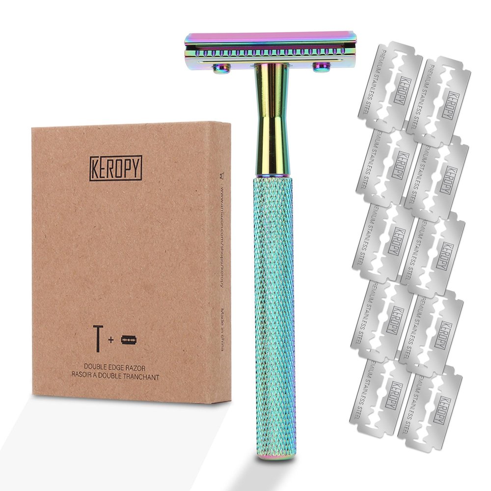 Keropy Safety Razor For Man With 10 Premium Stainless Steel Razor Blade Reusable Single Blade Razors For Men and Women, Double Edge Razor, Rainbow