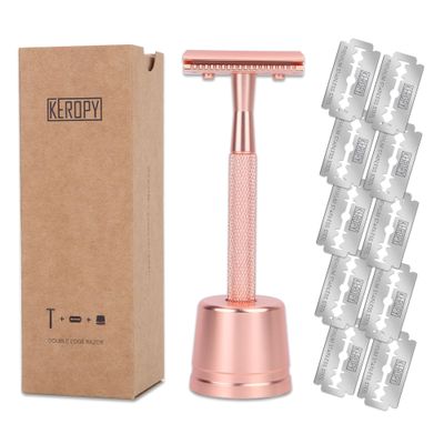 Keropy Double Edge Safety Razor For Woman With Stand and 10 Premium Stainless Steel Reusable Safety Razor, Razors For Shaving, Rose Gold