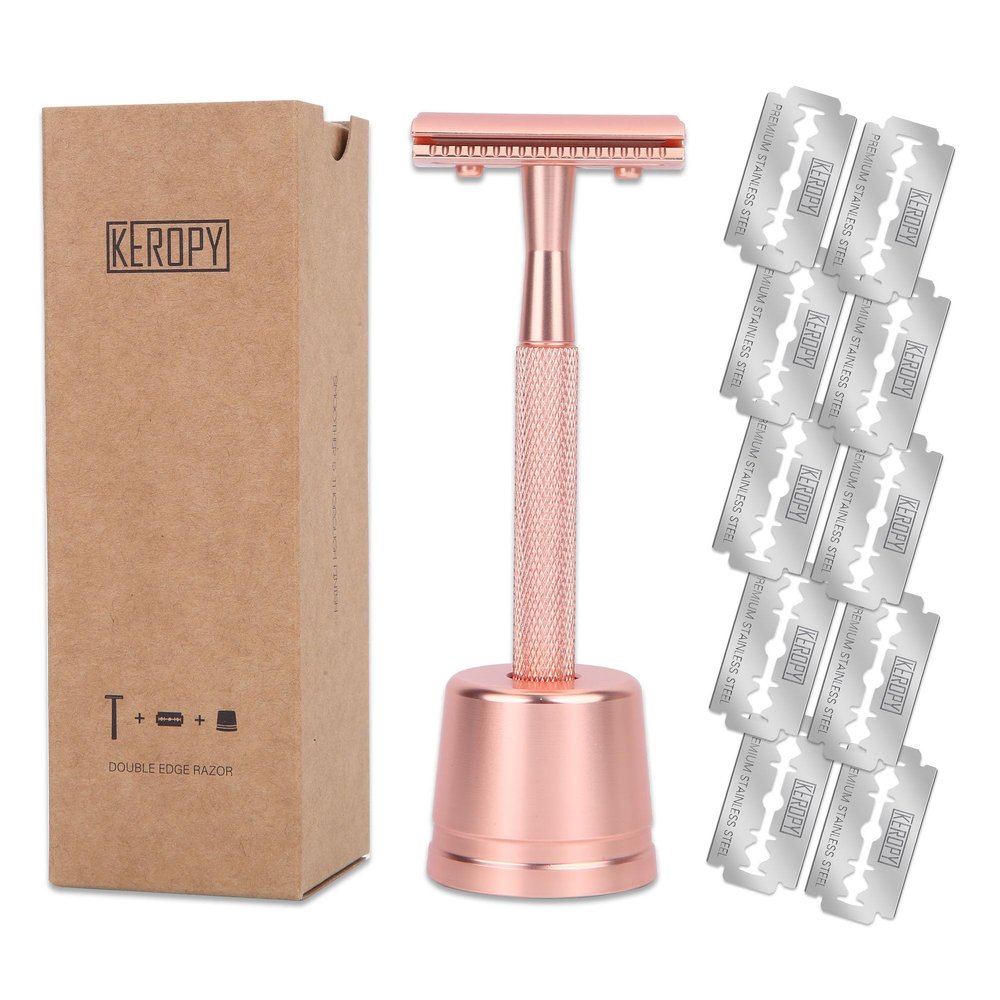 Keropy Double Edge Safety Razor For Woman With Stand and 10 Premium Stainless Steel Reusable Safety Razor, Razors For Shaving, Rose Gold