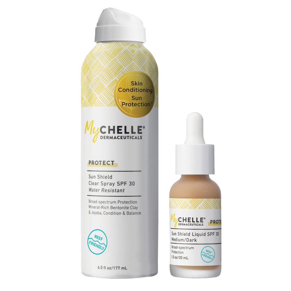 MyChelle Dermaceuticals SPF 30 Sun Shield Spray and Liquid Medium/Dark, Sunscreen for Face, Reef Safe, Pack of 2