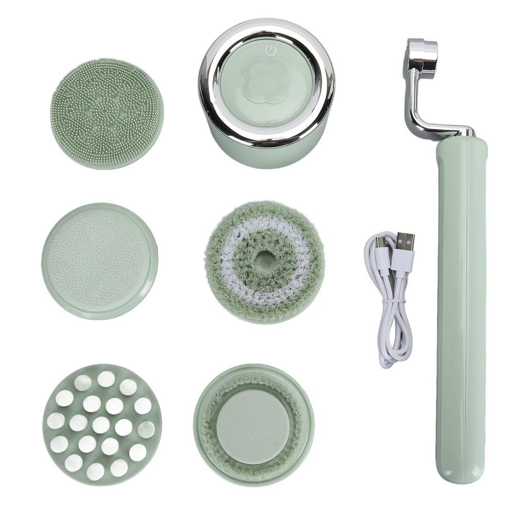5 Brush Heads Electric Body Scrubber, Waterpoof Deep Clean Shower Brush with Massage Function, Long Handle Back Scrubber for Bathroom, 3 Gears for Face and Body Massage (2)