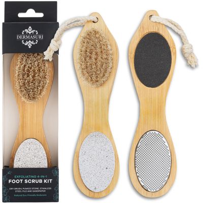 Dermasuri - 4 in 1 Exfoliating Foot Scrub Kit - Multi Purpose Foot Care - Natural Bamboo Pedicure Foot Spa Kit - Pumice Stone Callus Remover - Stainless Steel File, Sand Paper Surface, & Dry Brush