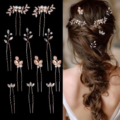 11 Pieces Bride Hair Pins Rhinestone Bridal Gold Hairpiece for Women Crystal Wedding Hair Accessories for Bridesmaids