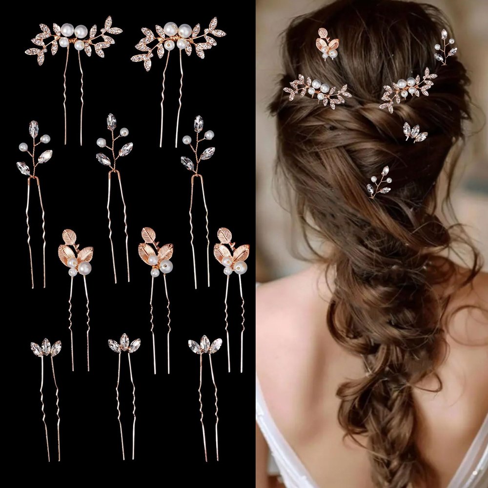 11 Pieces Bride Hair Pins Rhinestone Bridal Gold Hairpiece for Women Crystal Wedding Hair Accessories for Bridesmaids
