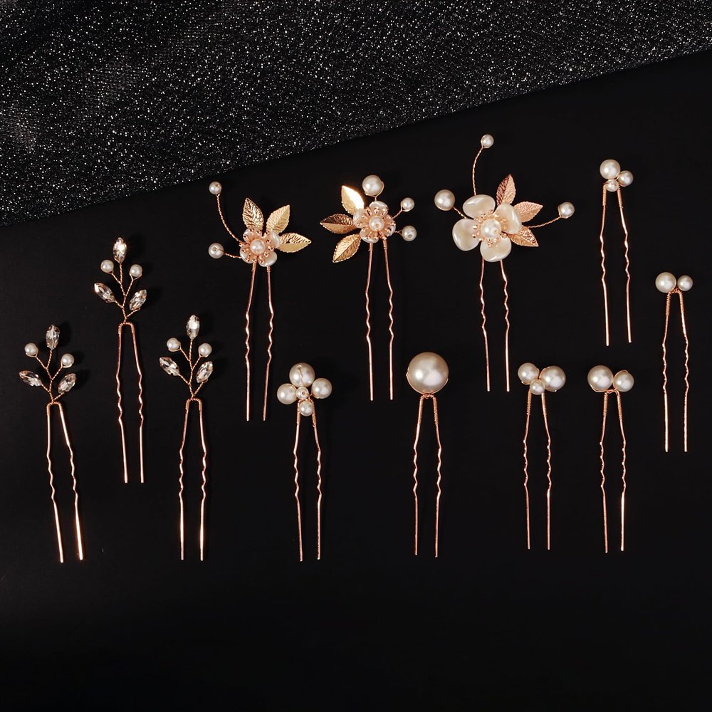 12 Pieces Bride Hair Pins Rhinestones Gold Hair Accessories for Women Crystal Wedding Hairpiece for Bridesmaids