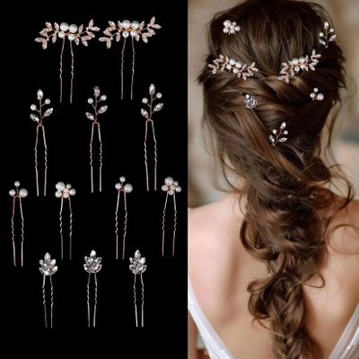 12 Pieces Bride Hair Pins Rhinestone Bridal Gold Hairpiece for Women Crystal Wedding Hair Accessories for Bridesmaids