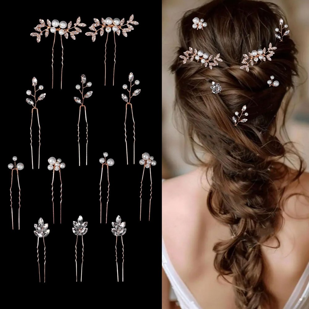 12 Pieces Bride Hair Pins Rhinestone Bridal Gold Hairpiece for Women Crystal Wedding Hair Accessories for Bridesmaids