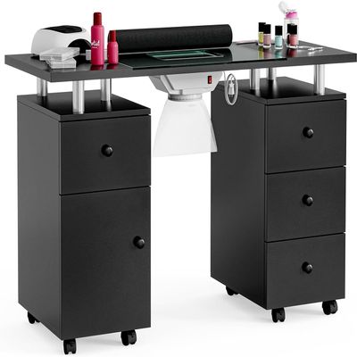 Belandi Manicure Table, Glass Top Nail Tech Desk Nail Table Station for Nail Tech w/Electric Downdraft Vent, Wrist Cushion, Lockable Wheels, Storage Drawers, Wooden Handles (Black Table New)