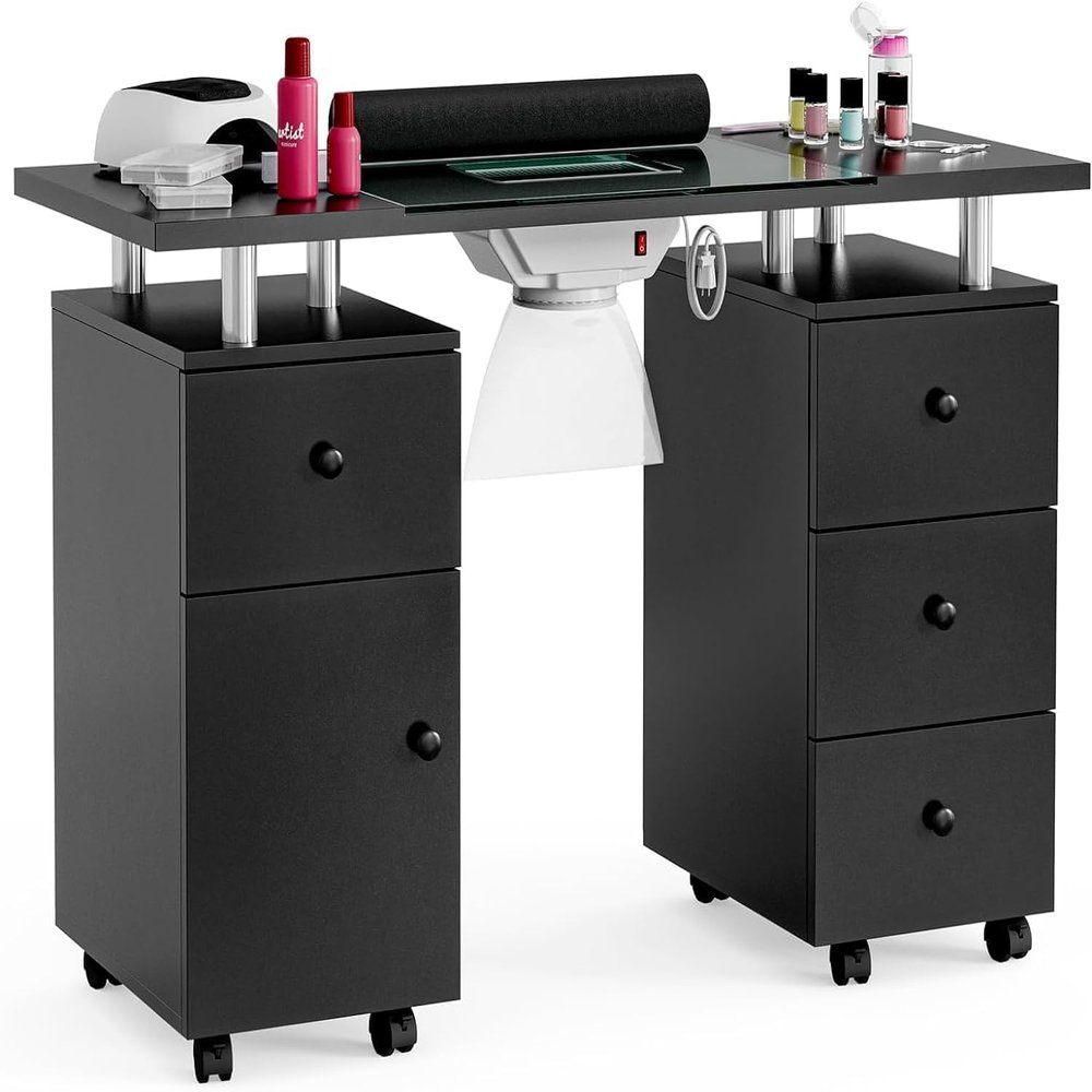 Belandi Manicure Table, Glass Top Nail Tech Desk Nail Table Station for Nail Tech w/Electric Downdraft Vent, Wrist Cushion, Lockable Wheels, Storage Drawers, Wooden Handles (Black Table New)