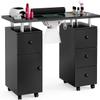 Belandi Manicure Table, Glass Top Nail Tech Desk Nail Table Station for Nail Tech w/Electric Downdraft Vent, Wrist Cushion, Lockable Wheels, Storage Drawers, Wooden Handles (Black Table New) view 1