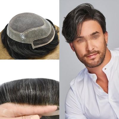French Lace Front Mens Toupee Hair System For Men Hair Replacement Durable Mono Poly Skin Toupee For Men Soft Human Hair Pieces Natural Hairline #1B10 Off Black+10%Gray-110%Light to Medium Density 6X9