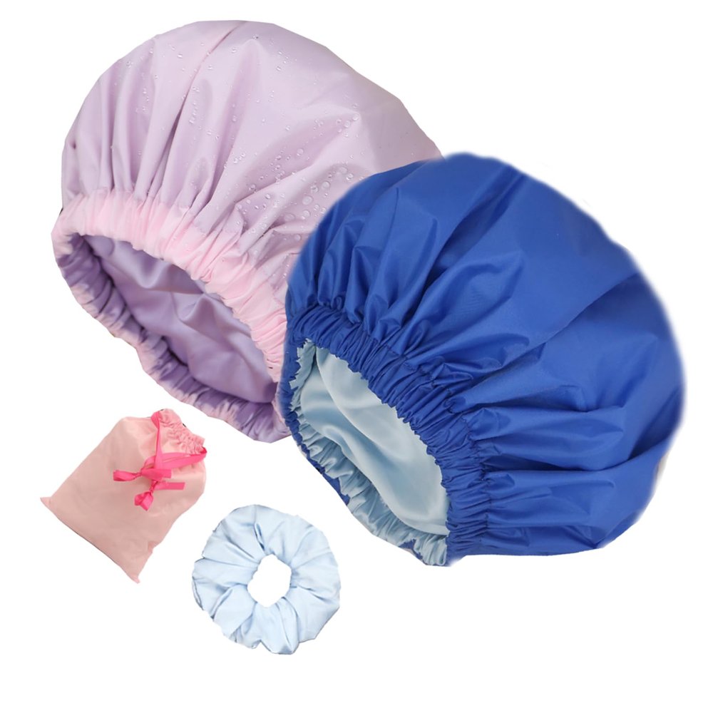 2Pcs Shower Cap with Satin Interior, Extra Large&Reusable&Waterproof Shower Cap for All Length Hair, Adjustable &Double Layers &Reversible Bath Bonnet for Women