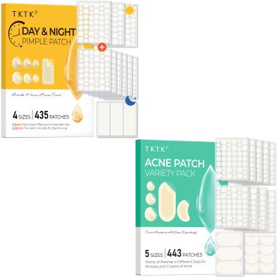 TKTK Bulk Acne Patches Day and Night 435 Count + Pimple Patches for Face 443 Count, 5 Sizes Pimple Stickers for Covering Zits, Blemishes and Breakouts