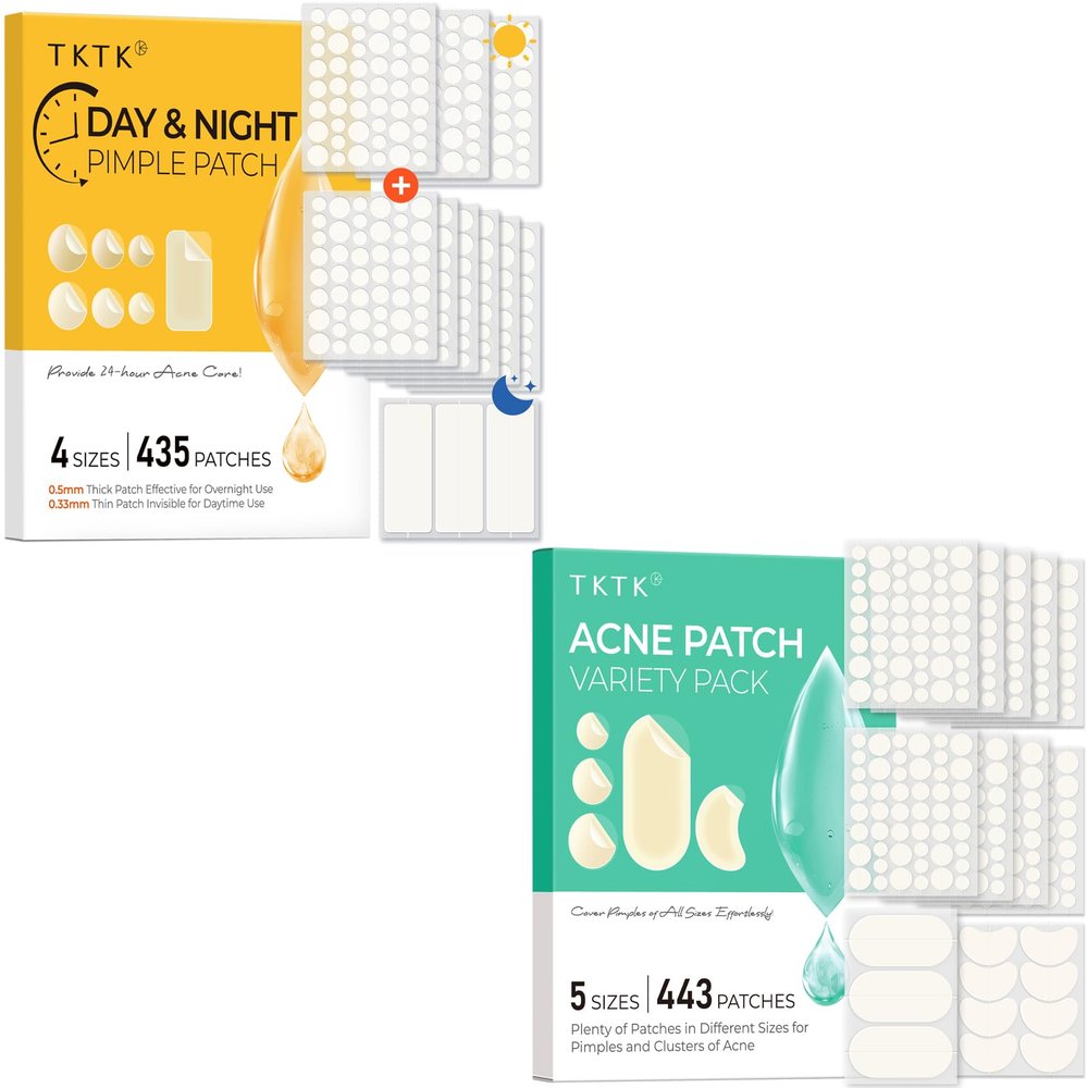 TKTK Bulk Acne Patches Day and Night 435 Count + Pimple Patches for Face 443 Count, 5 Sizes Pimple Stickers for Covering Zits, Blemishes and Breakouts