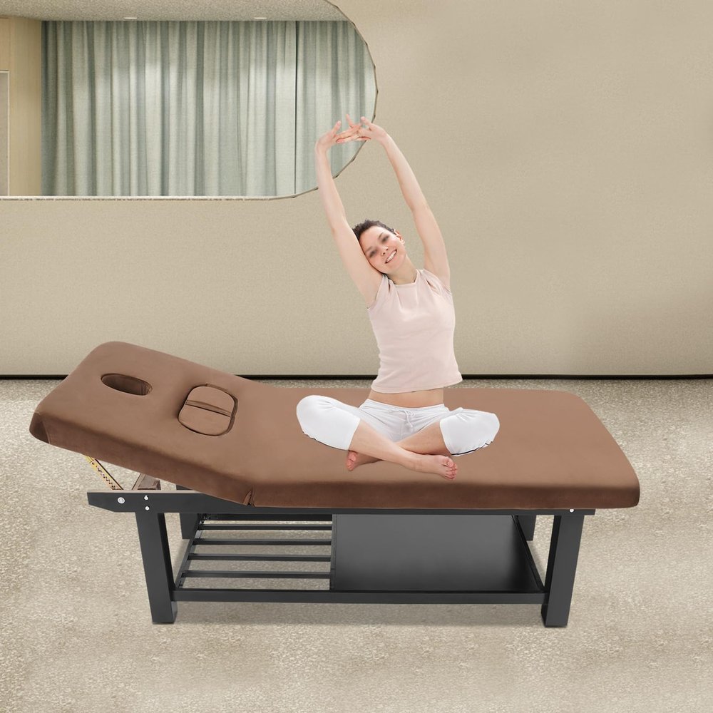GUIAFUHYE Wood Wide Stationary Massage Table for Treatment Table Physical Therapy Table Spa Facial Bed (Black, Brown)
