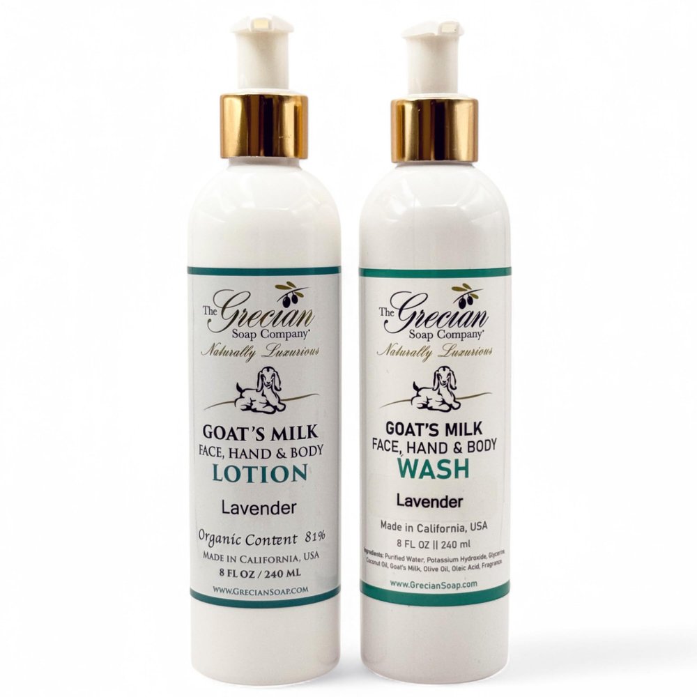 The Grecian Soap Company Goat Milk Lotion & Body Wash Set  Lavender Scent, 8oz each - Body Lotion & Face Wash, Moisturizing Skin Care Set for All Skin Types, Hydrating Skincare