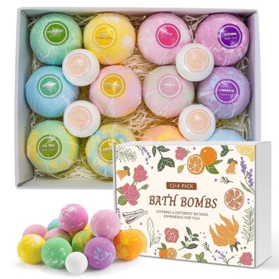 Bath Bombs 12 PCS Gift Set, Bubble Bombs Bath Kit 12 Bath Bombs and 4 Foot Bath Balls with 12 Scents, Colorful Natural Fizzy Spa Handmade Gift for Friends Women