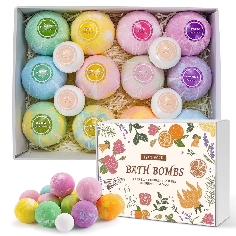 Bath Bombs 12 PCS Gift Set, Bubble Bombs Bath Kit 12 Bath Bombs and 4 Foot Bath Balls with 12 Scents, Colorful Natural Fizzy Spa Handmade Gift for Friends Women