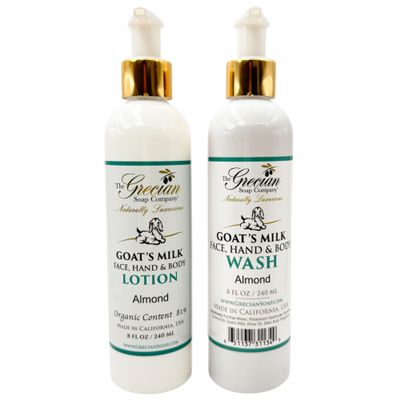 The Grecian Soap Company Goat Milk Lotion & Body Wash Set Almond Scent, 8oz Each Body Lotion & Face Wash, Moisturizing Skin Care Set for All Skin Types, Hydrating Skincare