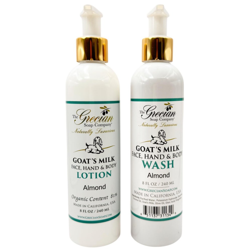 The Grecian Soap Company Goat Milk Lotion & Body Wash Set  Almond Scent, 8oz Each  Body Lotion & Face Wash, Moisturizing Skin Care Set for All Skin Types, Hydrating Skincare