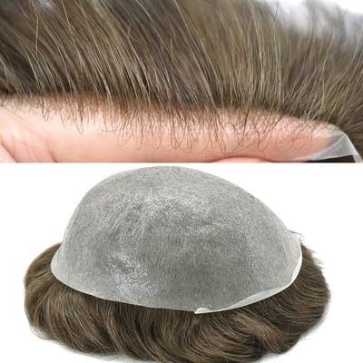 Super Thin Skin Mens Toupee 0.03mm Ultra Thin Skin Hair System For Men Human Hair Black Brown Blonde Gray V-looped Hairpiece 8''x10'' 90% Light Density, 610# Light Brown With 10% Gray
