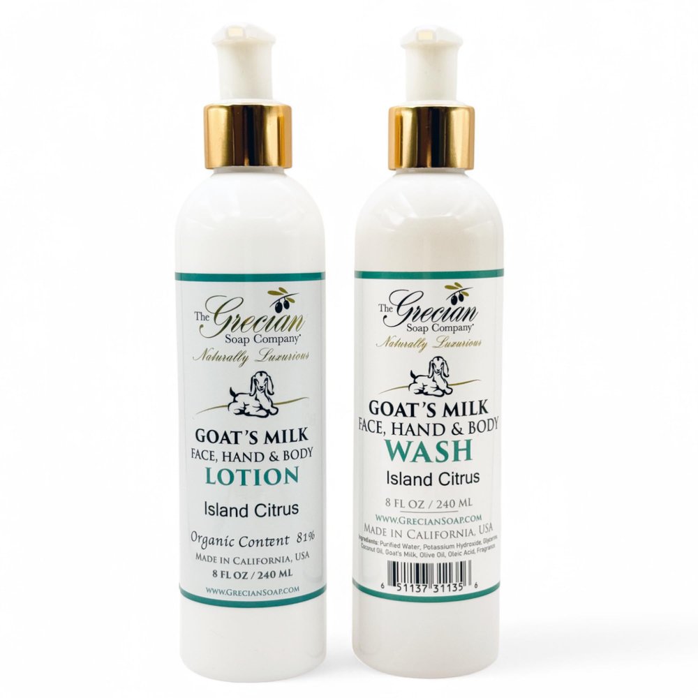 The Grecian Soap Company Goat Milk Lotion & Body Wash Set Island Citrus Scent, 8oz Each Body Lotion & Face Wash, Moisturizing Skin Care Set for All Skin Types, Hydrating Skincare