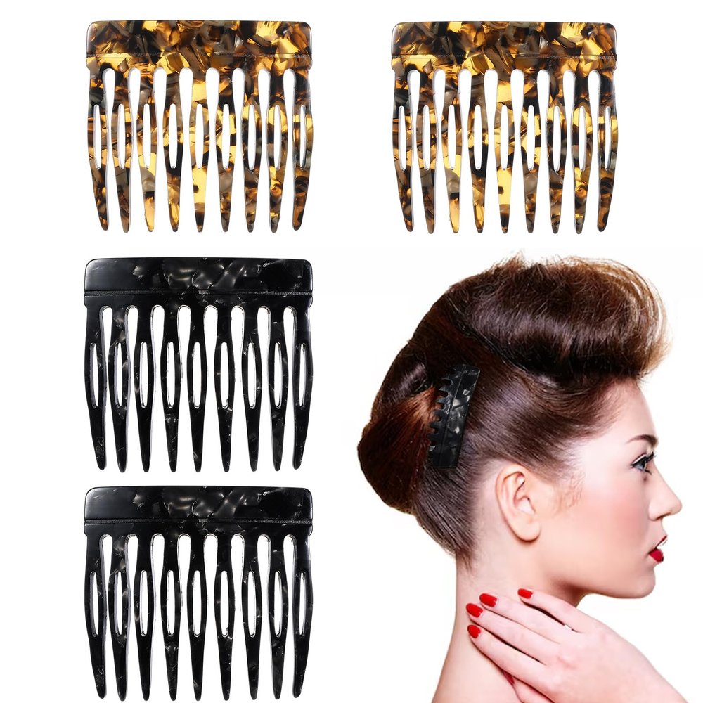 4Pcs Hair Side Combs for Women Fine Thin Hair Small French Side Comb Clips for Women Decorative Tortoise Shell French Twist Up-Do Styling Wedding Dating Accessories(Black, Brown)