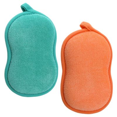 2 PCS Body Sponges for Shower 5.7" 3.74" Small Body Sponge Exfoliating Soft Bath Sponge for Bathing Reusable Exfoliating Scrubber Men Women All Skin Type (Green Orange)