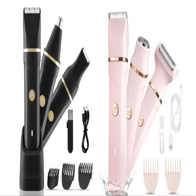 Body Hair Trimmer - 3 in 1 Electric Razor Shavers Groin Groomer,IPX7 Waterproof Wet/Dry Trimmer for Men, Replaceable Ceramic Blade,Type-C Rechargeable Dock & Nose/Ear Hair Trimmer Head(Black&Peach)