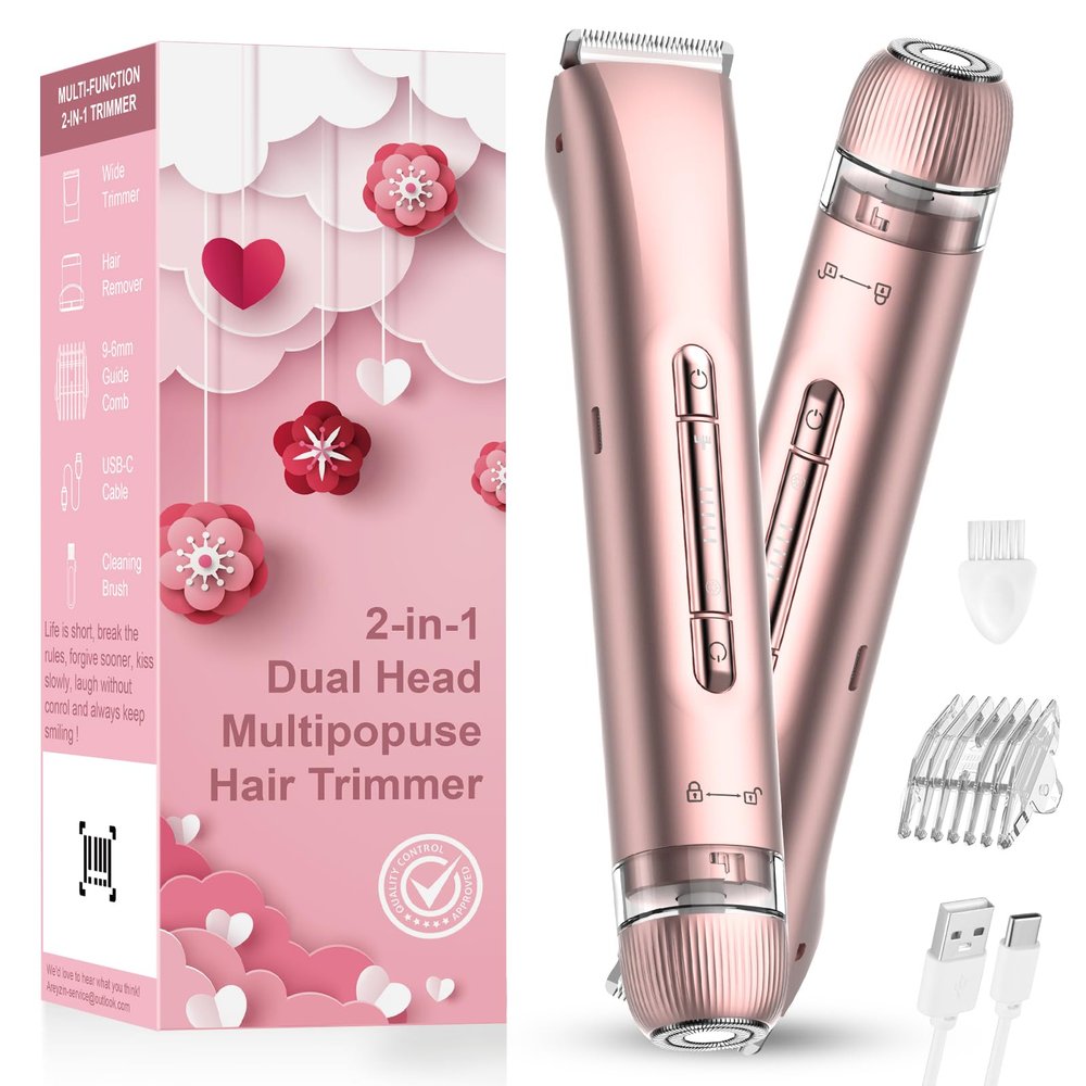 Bikini Trimmer for Women - Electric Razors for Women | Dual Head Electric Shaver for Ladies for Facial Hair Removal, IPX7 Waterproof, Painless & Flawless, USB Rechargeable, for Face, Bikini, Body, Leg