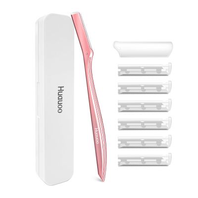 Dermaplane Razor for Women Face, Stainless Steel Handle with 6 Replaceable Blades, Huauoo Face Razors for Women, Peach Fuzz Remover, Eyebrow Trimmer, Dermaplaning Tool for Face Exfoliation (Pink)