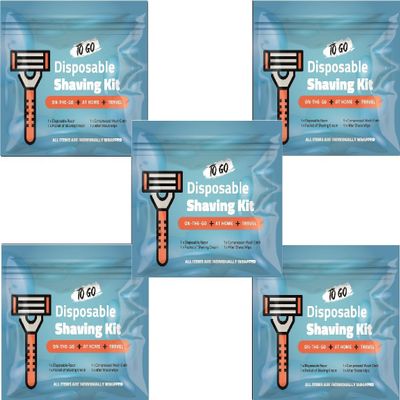 Shaving Kit with Razor, Shaving Cream, Washcloth & Aftershave Wipe Mens Travel Shave Set for Hotels, Shelters & Outreach Disposable Grooming Pack (Blue) (5)