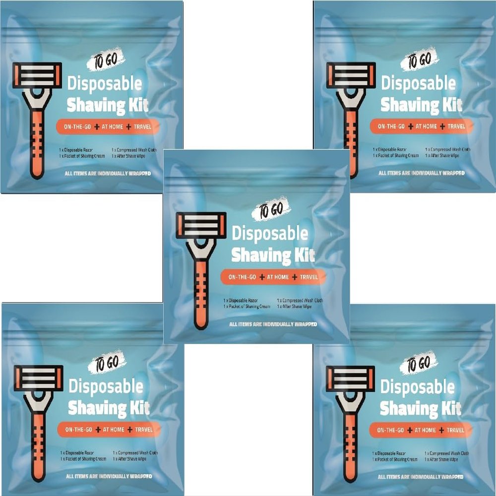 Shaving Kit with Razor, Shaving Cream, Washcloth & Aftershave Wipe  Mens Travel Shave Set for Hotels, Shelters & Outreach  Disposable Grooming Pack (Blue) (5)
