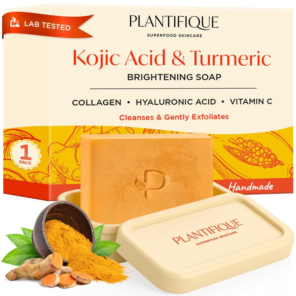 PLANTIFIQUE Kojic Acid & Turmeric Soap for Dark Spots with Travel Case