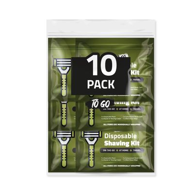 Travel Shaving Kit with Razor, Shaving Cream, Washcloth and Aftershave Wipe, Men's Disposable Grooming Pack (Green) (10)