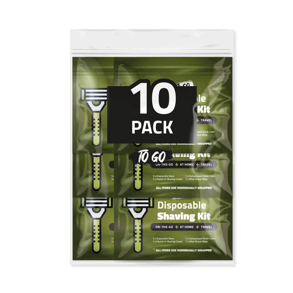 Travel Shaving Kit with Razor, Shaving Cream, Washcloth and Aftershave Wipe, Men's Disposable Grooming Pack (Green) (10)