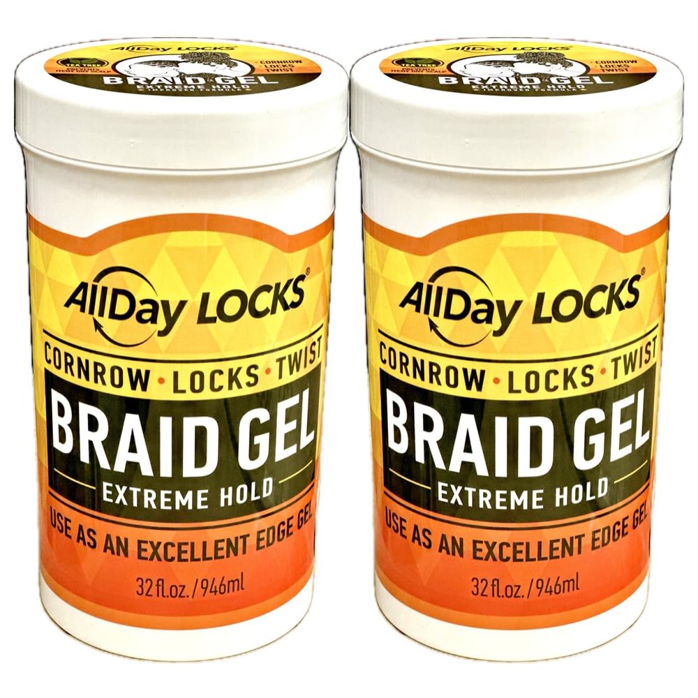 AllDay LOCKS Braid Gel Extreme Hold and Edge Gel 32oz Tub (No Flaking, Smooths Frizz, High Shine, Long Lasting). Cornrows, Locks, and Twists (2pc)