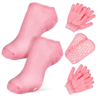 HAKIDZEL Spa Moisturizing Socks and Gloves Set 2 Pairs of Pink Hydrating Socks and Hand Gloves for Foot and Hand Care Moisturizing Therapy for Dry Skin