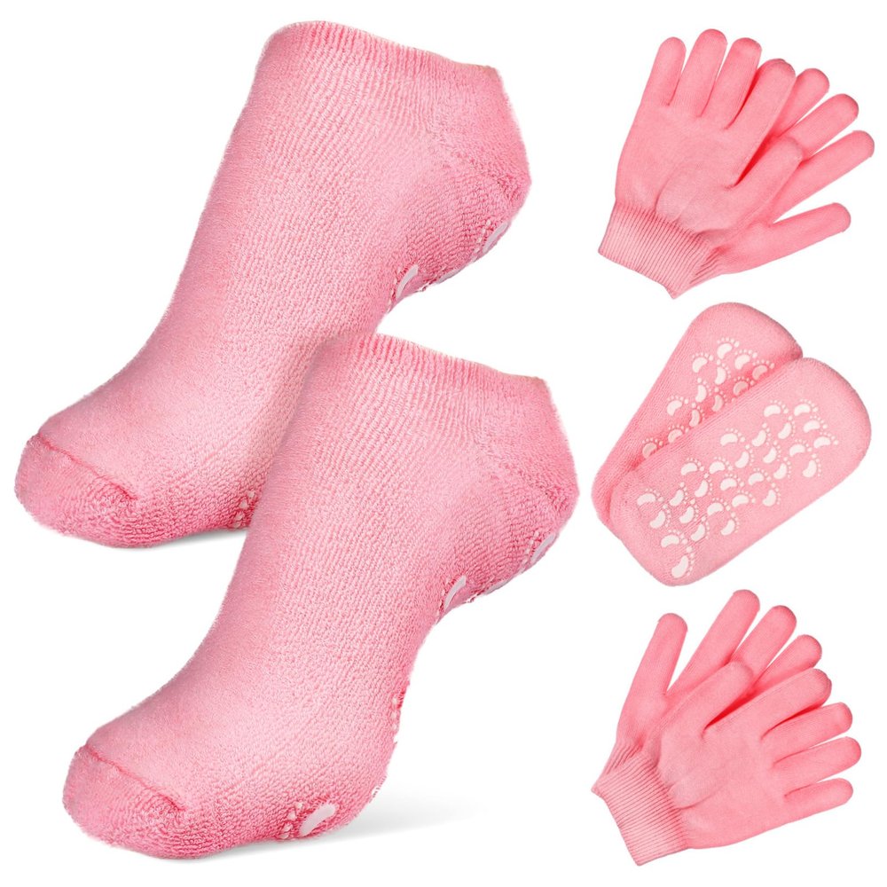 HAKIDZEL Spa Moisturizing Socks and Gloves Set 2 Pairs of Pink Hydrating Socks and Hand Gloves for Foot and Hand Care Moisturizing Therapy for Dry Skin