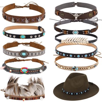 10-Pack Western Cowboy Hatbands, Adjustable Beaded Turquoise Leather Straps, Decorative Cowgirl Headbands With Feathers