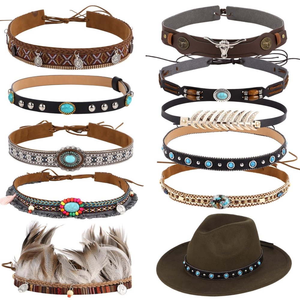 10-Pack Western Cowboy Hatbands, Adjustable Beaded Turquoise Leather Straps, Decorative Cowgirl Headbands With Feathers